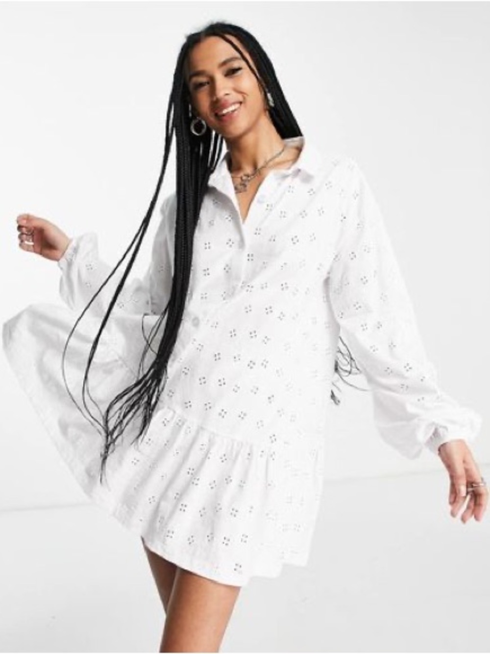 ASOS DESIGN White Eyelet Drop Waist Mini Dress Cottagecore US 10